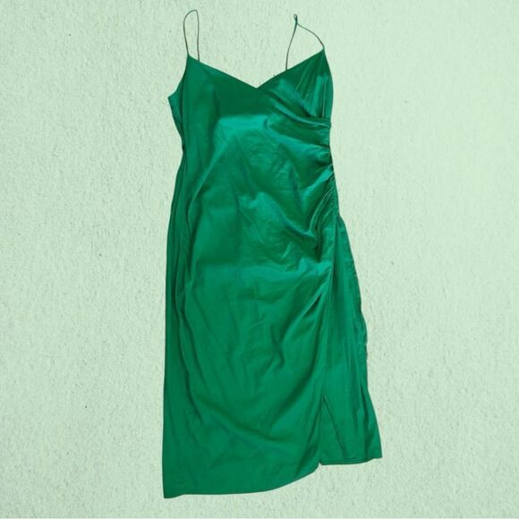 Zara linen blend ruched midi dress Kelly green - Picture 7 of 13